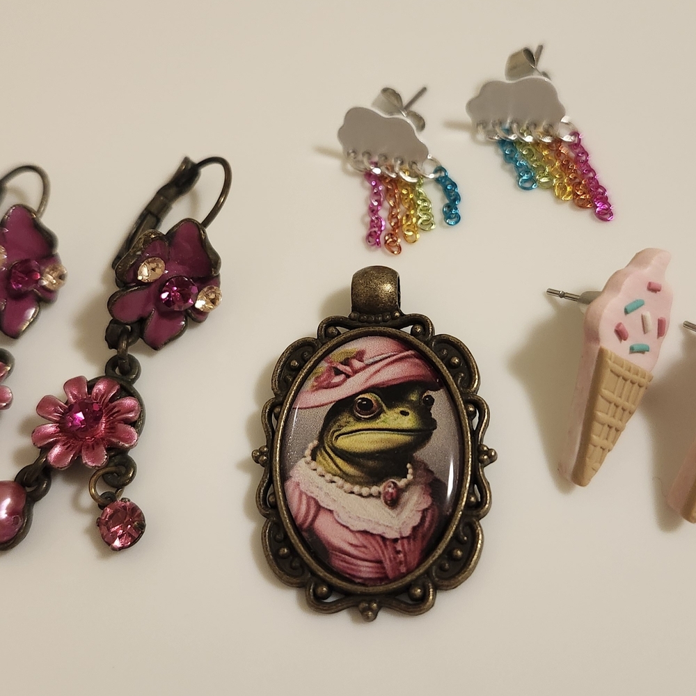 Pink Frog Pendant and Ice Cream/Flowers Earrings Lot (4 Pieces)